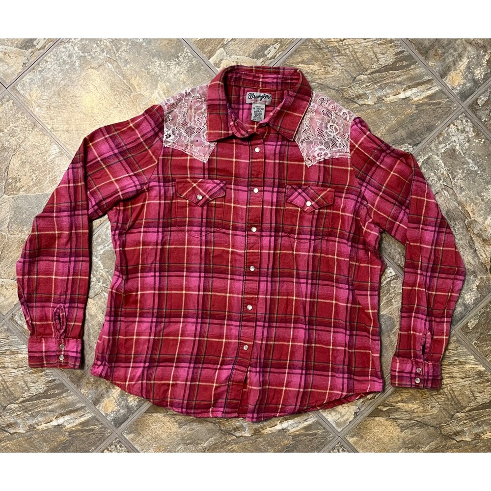 Wrangler Plaid Shirt Women XXL Pink Red Lace Yoke Western Pearl Snap